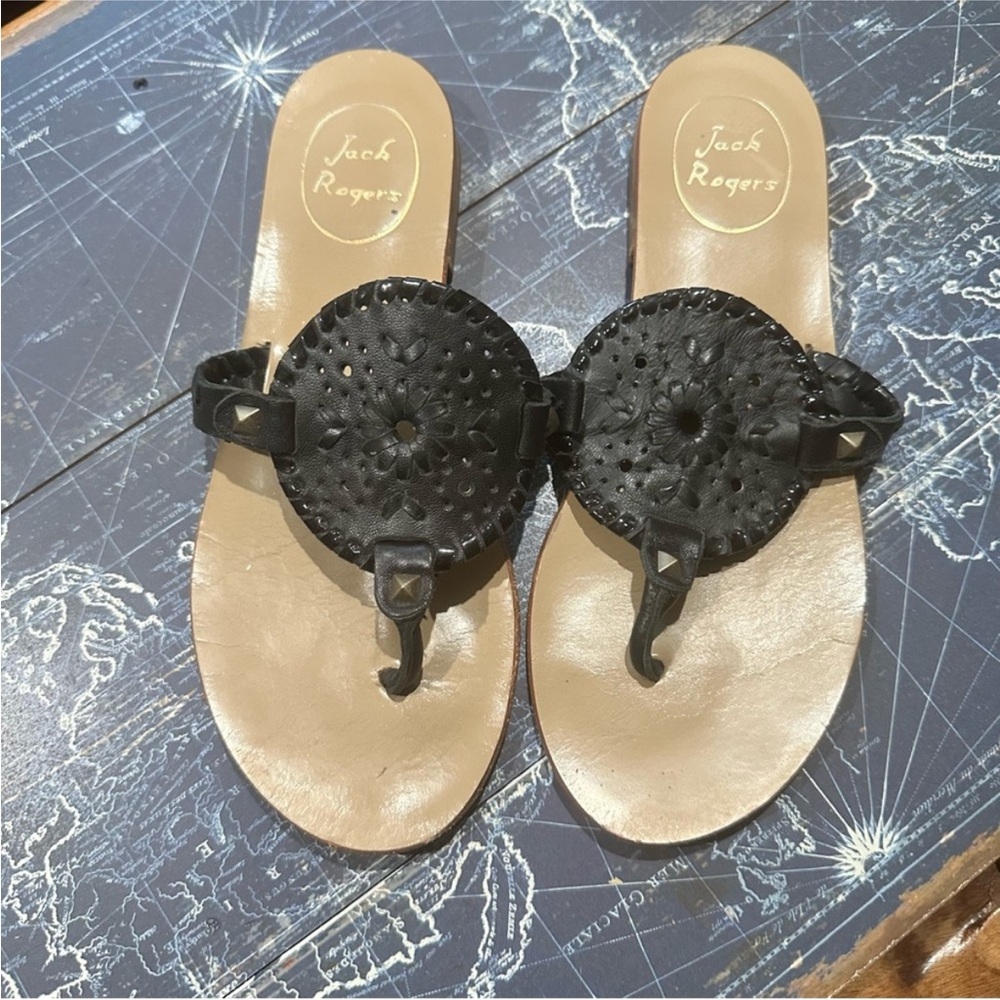 EUC Jack Rogers Black Leather Navajo Sandals Size 6M